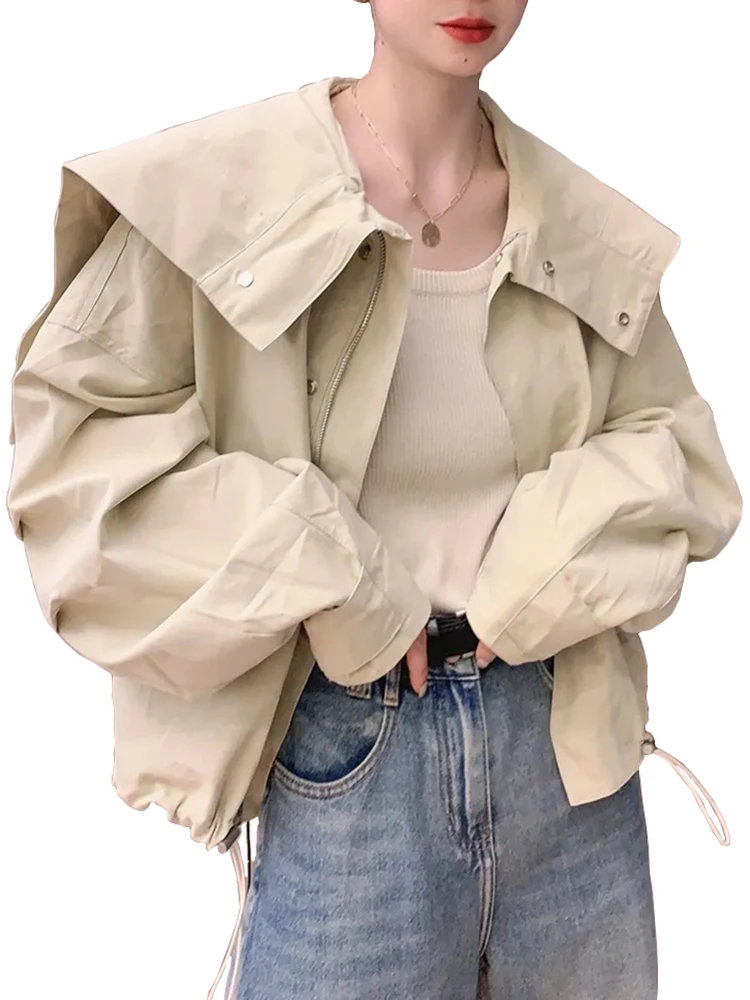 

Big Turn Down Collar Drawstring Short Jacket Female Spring Loose Women Basic Coat Streetwear All Match Women's Bomber Jacket