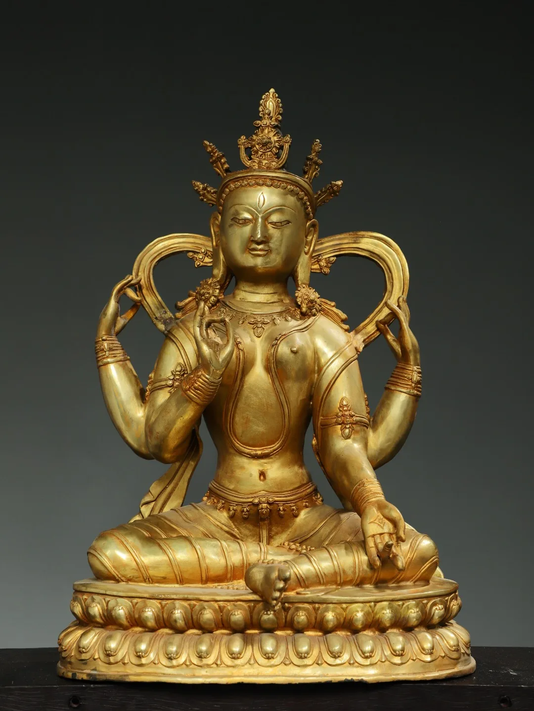 

20"Tibet Temple Collection Old Bronze Cinnabar Gilded Great Buddha Vajrapani Four Arm Guanyin Double Lotus Platform Worship Hall