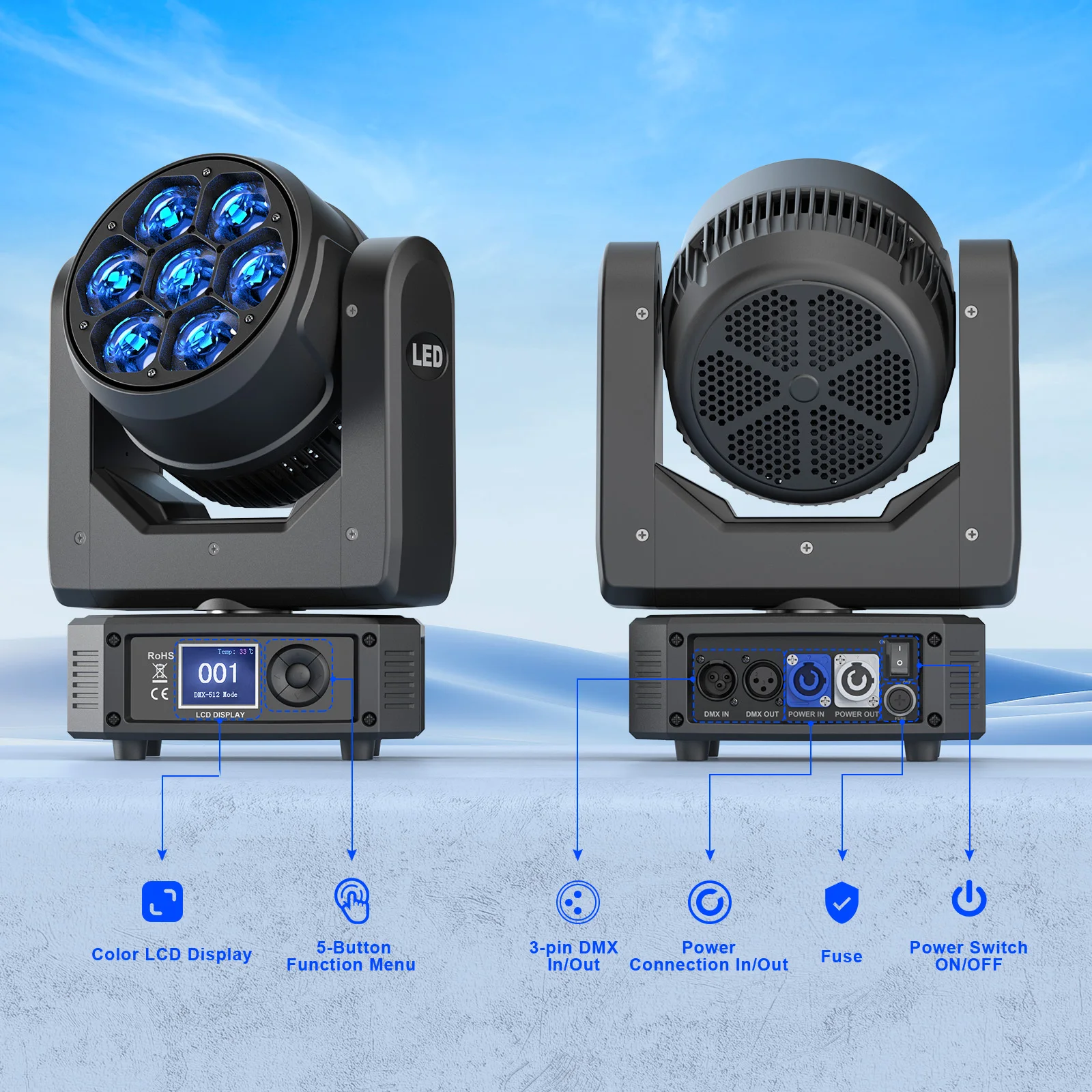 Yiflamefly 2Pcs 300W Bee Eye Moving Head Light 7X25W RGBW LED Wash Beam Zoom Stage Lights DMX DJ Light For KTV Bar wedding Party 5