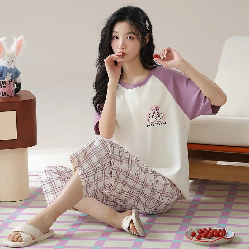 Summer Women's 100% Pure Cotton Pajamas Set Thin Short Sleeve Capris Fashion Casual Home Clothing Set Sweet Cute Sleepwear