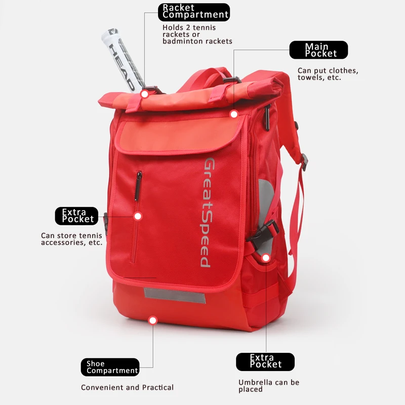 GreatSpeed Tennis Racket Bag Badminton Backpack with Show Compartment for 2 Rackets Female Male Racquet Sports Bags