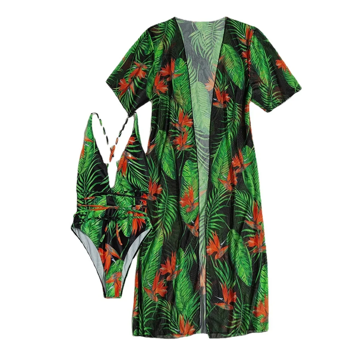 Two-piece Bathing Suit Printed Mesh Bikini Sexy Long Sleeve One Piece Swimsuit Women's Bikini Push Up Backless Korean Bikini Set