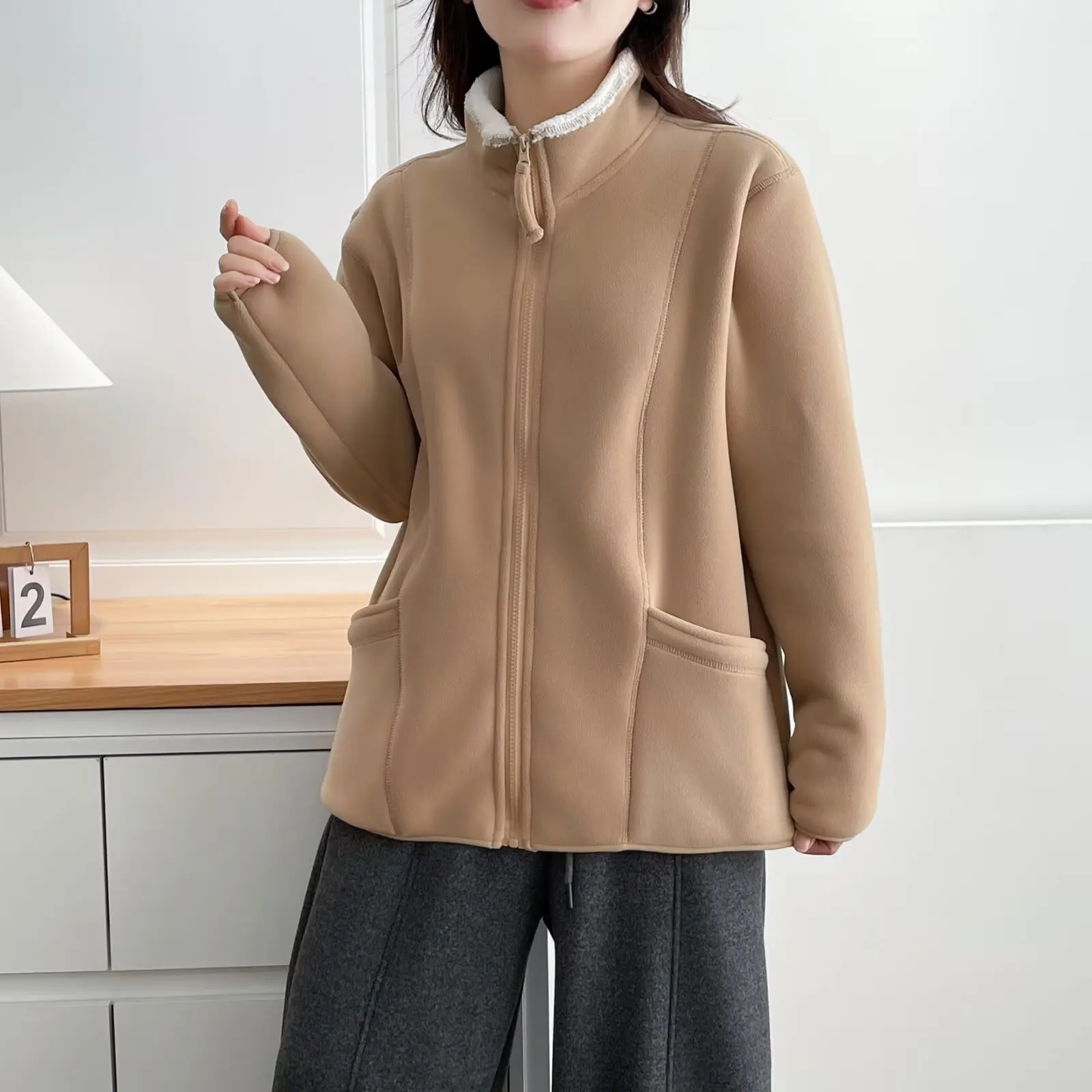 XXXXL Fashion Plus Size Women's Coat Winter Of 2025 New Casual Fleece Stand Up Collar Warm Zipper Jacket 9697