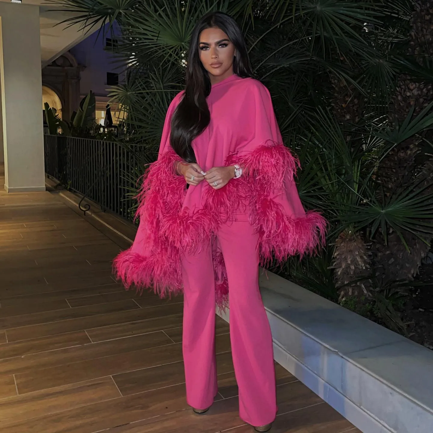 

Couture Fuchsia Fuchsia 2 Pieces Women Sets With Feather Egde Elegant Blouse And Loose Pant Stretchy Long Maxi Gowns