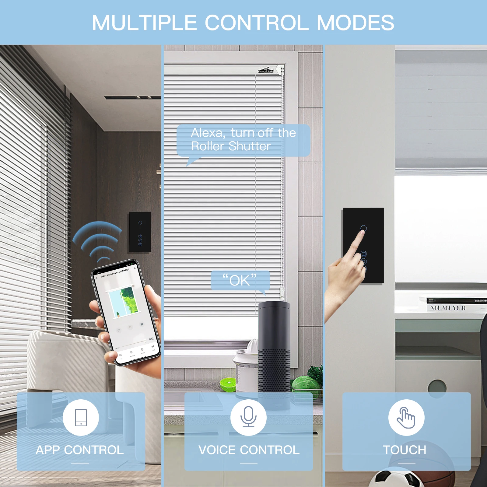 Wifi Shutter Switches APP Control Smart Roller Blind Series Glass Panel Support Tuya Google Smart Life Shutter Switches BSEED smart blinds switch