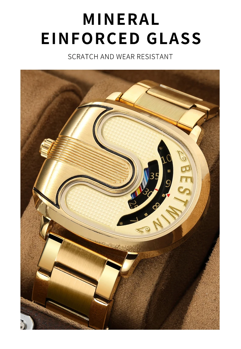 Creative Large Dial Personality Watches for Men BESTWIN Gold U-Shape Fashion Mens Watch Trend Reloj Hombre Lujo Alta Gama 2024