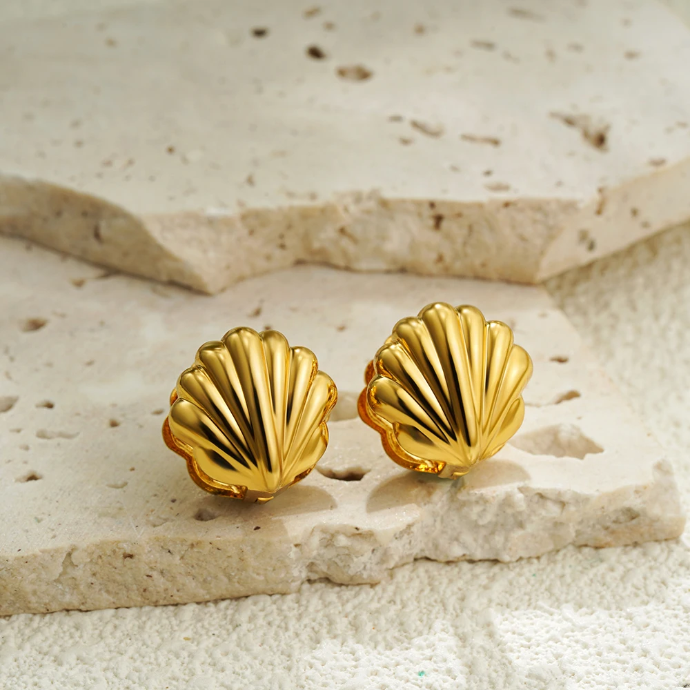 18k Gold Plated Stainless Steel Clip Earrings for Womens Shell-shaped Double-sided Ear Buckle Jewelry