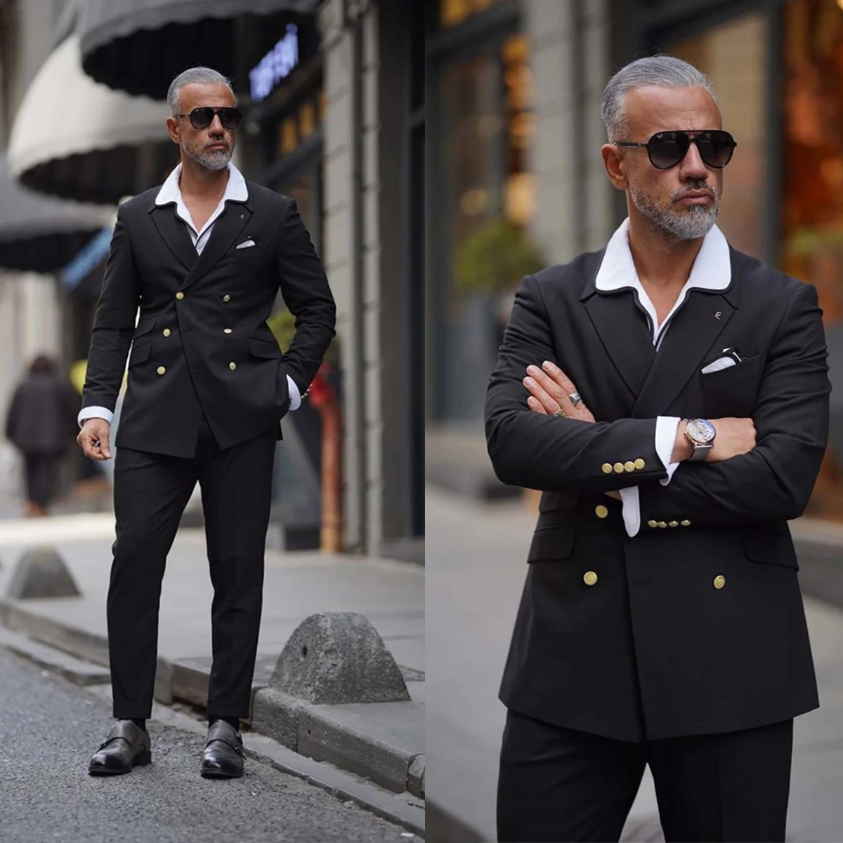 

Black Men's Suit 3 Pieces Blazer Vest Pants Double Breasted Peaked Lapel Tuxedo Gold ButtonsBusiness Wedding Groom Costume Homme