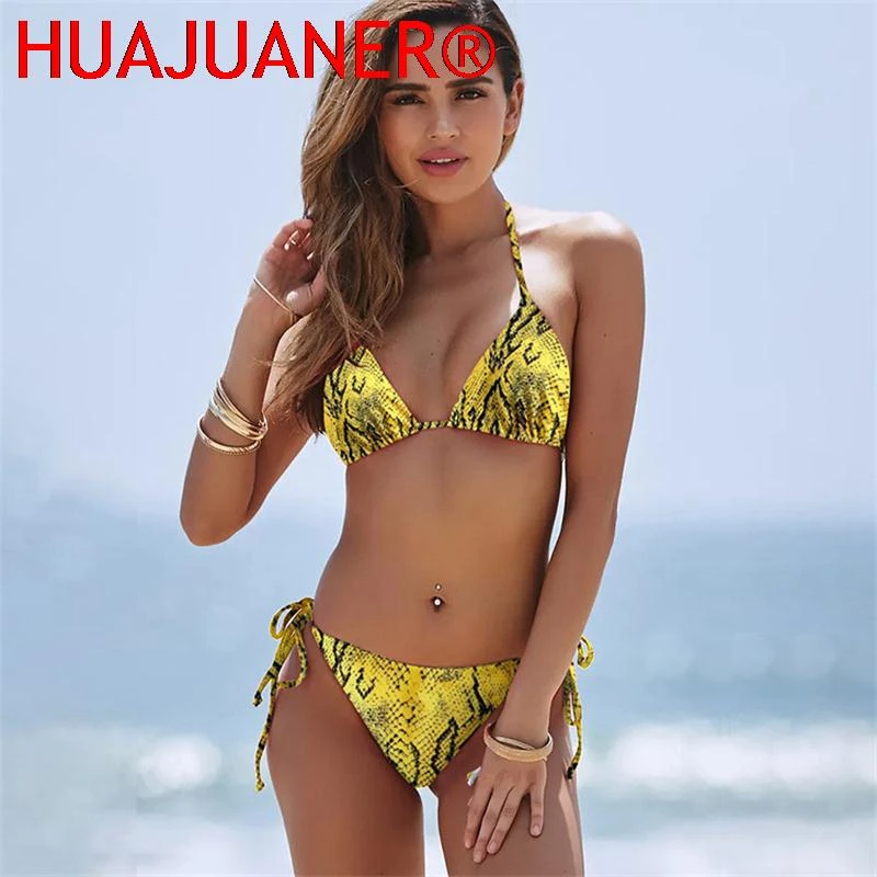 bikini shorts set 2022 Newest Sexy Bandage Snake Skin Print  Swimwear Set Women Push Up Sexy Thong Lace Up Micro Bikini Set Padded Swimsuit three piece bikini