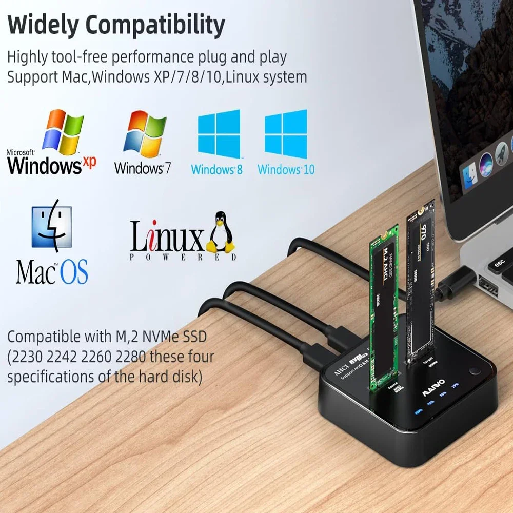 MAIWO 20Gbps Dual Bay M.2 NVMe SSD Enclosure Offline Clone Adapter USB3.2 Type-C Gen2 Storage Box M2 Hard Drive NVMe/AHCI Case