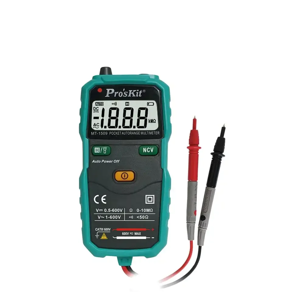 Pro'sKit MT-1509/MT-1510 Autorange Multimeter Non-contact ACV detector LED flashlight CE EN61010-1 CATIII 600V