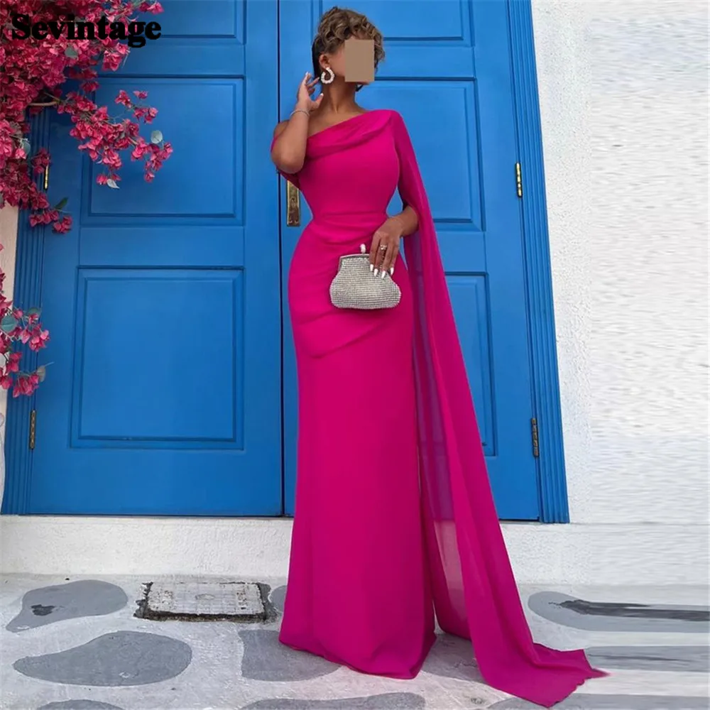 

Sevintage Elegant Arabia Fushia Prom Dress Mermaid One Shoulder Long Cape Sleeves Floor Length Party Gown vestidos de gala 2024