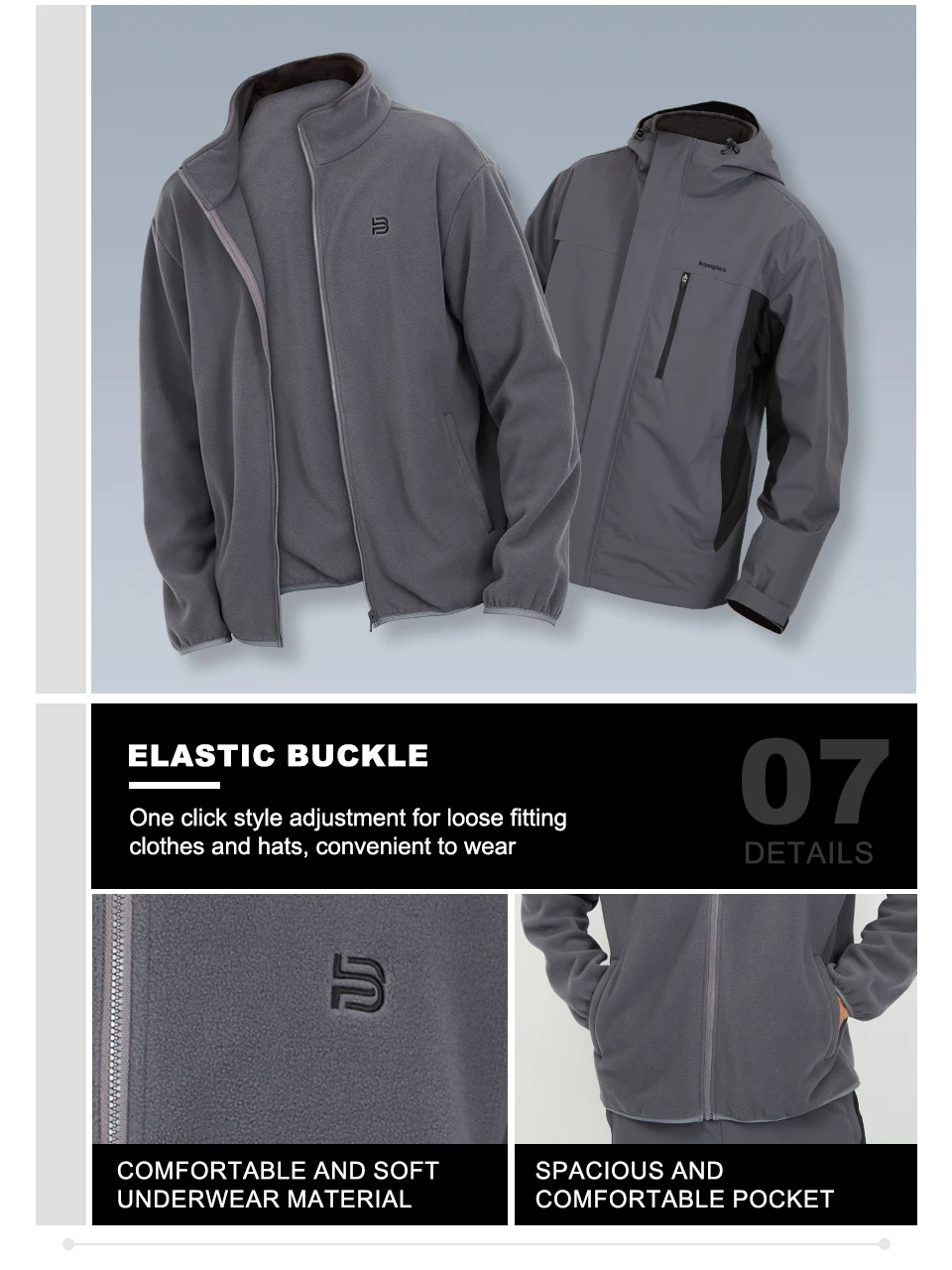Baasploa Herrenjacken, Marken-Windjacke, 3-in-1, wasserdichte Mäntel aus gewebter Baumwolle, hochwertige, bequeme Wander- und Outdoor-Kleidung für Herren – Detail 11