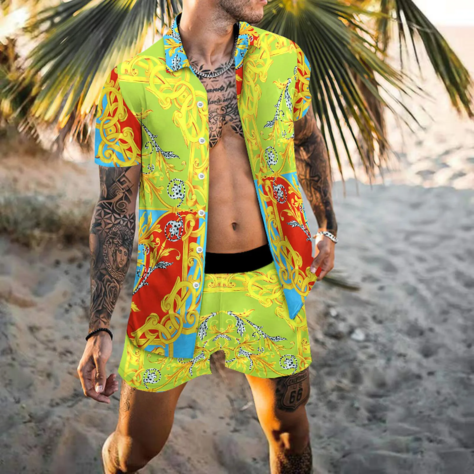 New Fashion Men clothing Summer Beach Style Loose Shirts Hawaiian Casual Suits Men's Printed Two-Piece Set