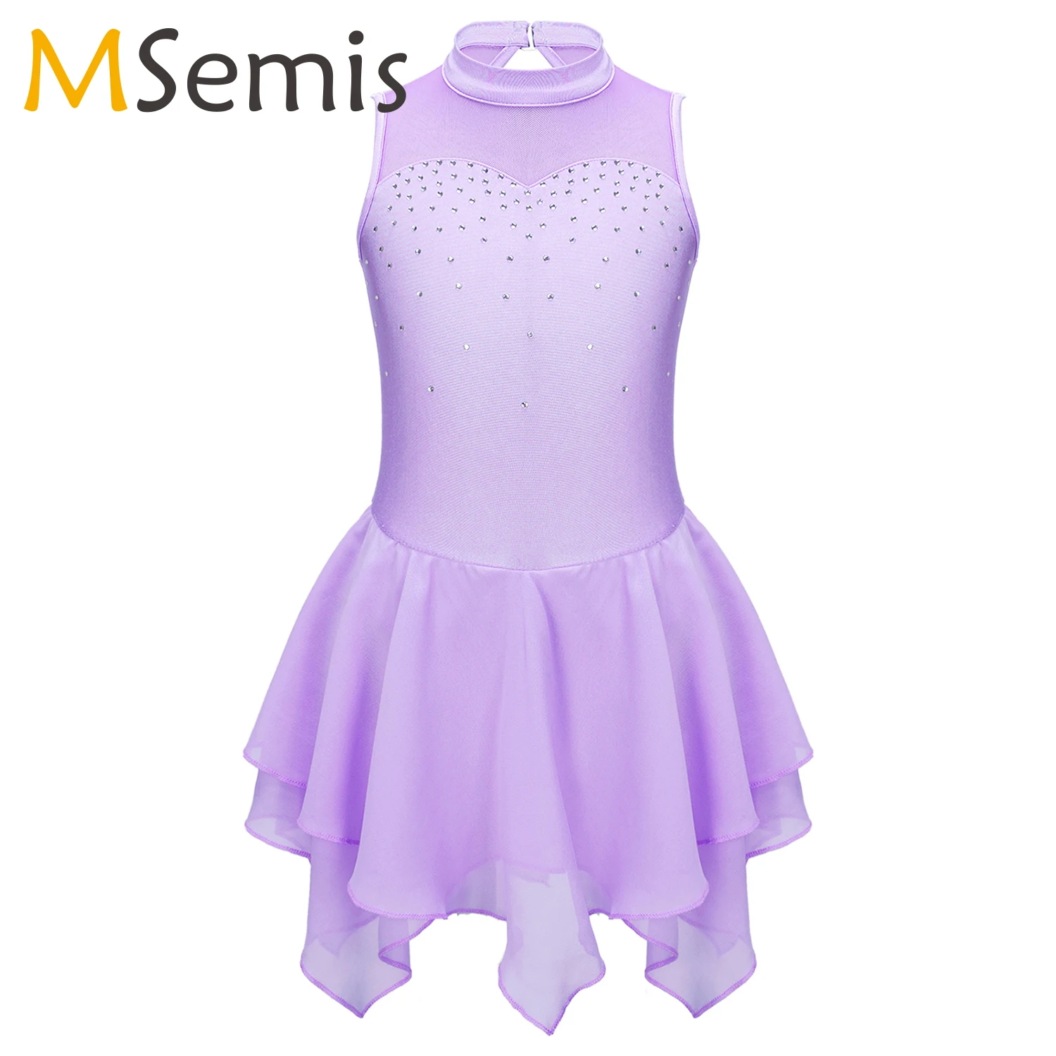 

Kids Girls Sleeveless Shiny Rhinestone Ballet Dance Dress Gymnastics Leotard Mesh Hollow Back Figure Skating Competition Costume