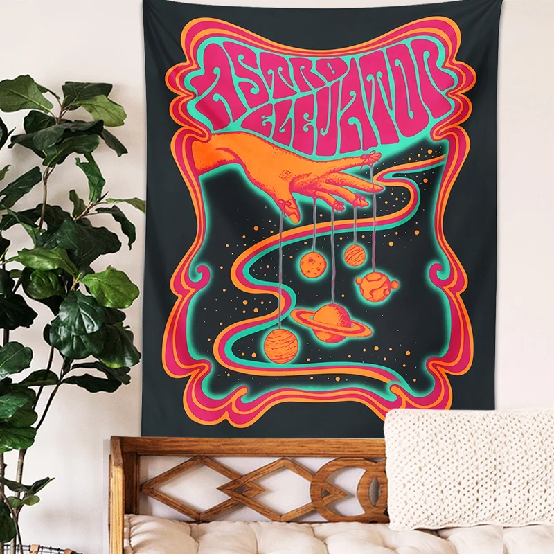 Tapestry Decorations Psychedelic planet Tapestry Wall Hanging color Hippie hand Art black Bohemian for Living Room Home Dorm Decor cloth