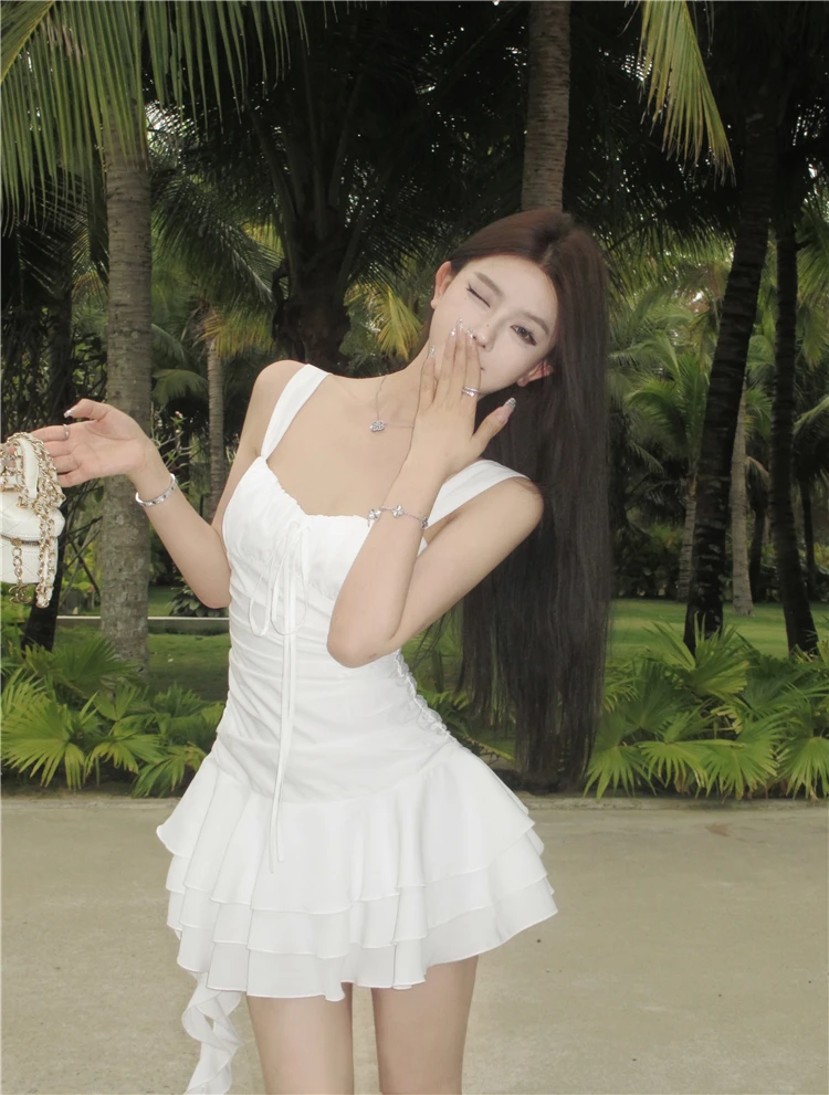 Summer New Holiday Beach Style Short Dresses for Women Spaghetti Strap Ruffles A-line Birthday Party Dress Korean Chic Vestidos