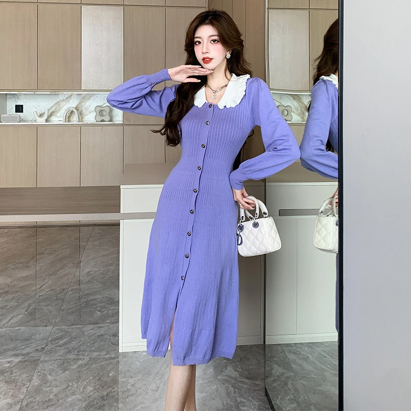 

Vintage Women Doll Collar Knitted Midi Dress New Chic Autumn Winter Purple Single Breasted Lantern Sleeve Office Sweater Vestido