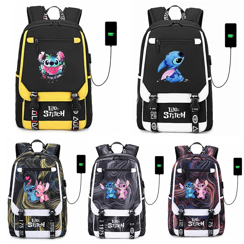 

Disney Lilo Stitch Girls Boys Kids Backpacks Teenager USB Charging Laptop Backpack Women Men Rucksack Travel Bag Mochila