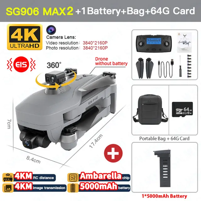 Câmera profissional do zangão 5000mah 4k de sg906 max2 gps 360 ° evitar obstáculos 3 eixos