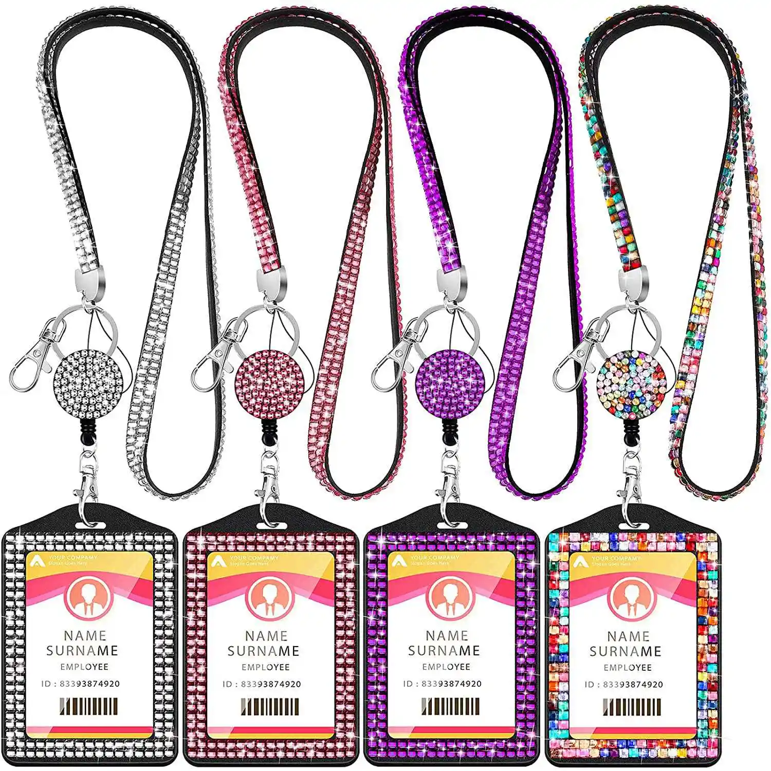 

4 Sets Rhinestone Lanyard ID Card Holder Crystal Retractable Badge Reel Rhinestone Neck Lanyard Card