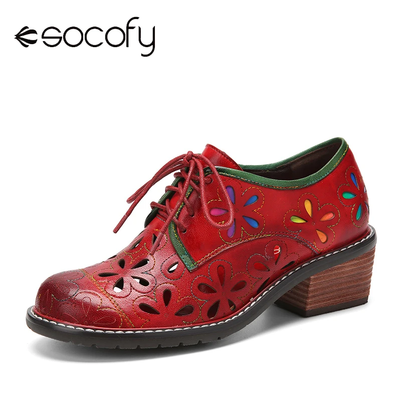 Socofy Spring New Retro Genuine Leather Oxfords Shoes Comfy Breathable Hollow Lace-up Design Low Heel Ladies Round Toe Shoes ankle boots brace