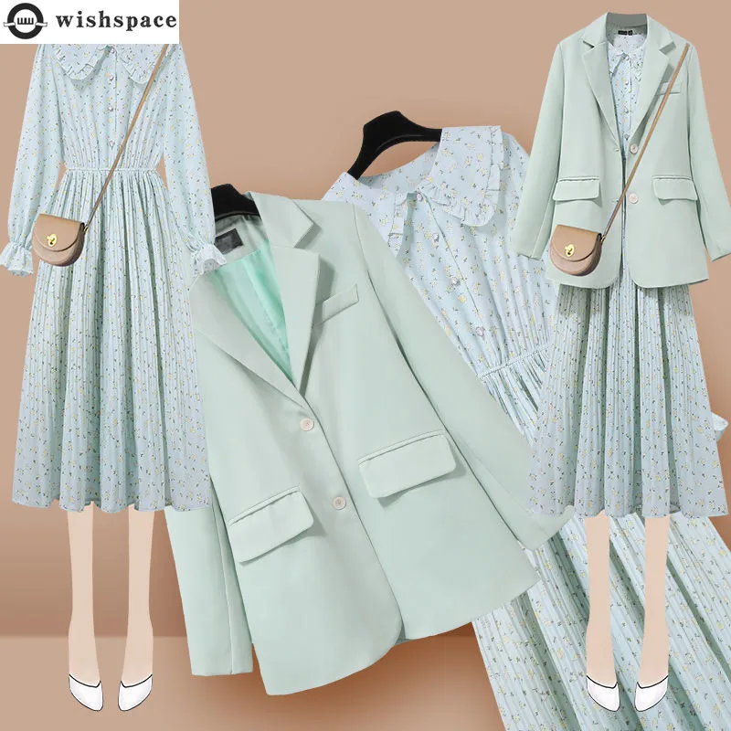 

Autumn Vintage Printed French Pleated Dress Wide Free Casual Green Suit Blazer Jacket Two-piece Set Elegant Women's Skirt Suit