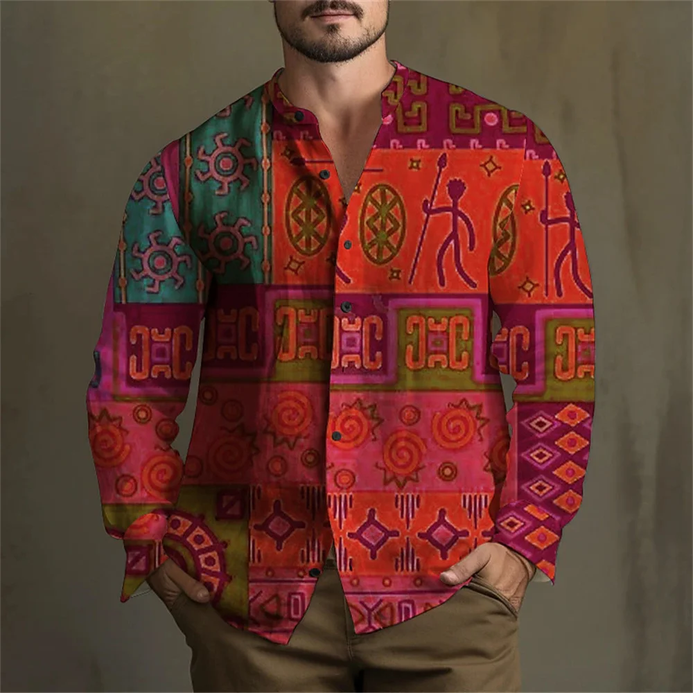 2024 New Ethnic Retro Printed Men's Shirt Daily Stand up Collar Long Sleeve Flip Collar Button Cardigan Plus Size Top