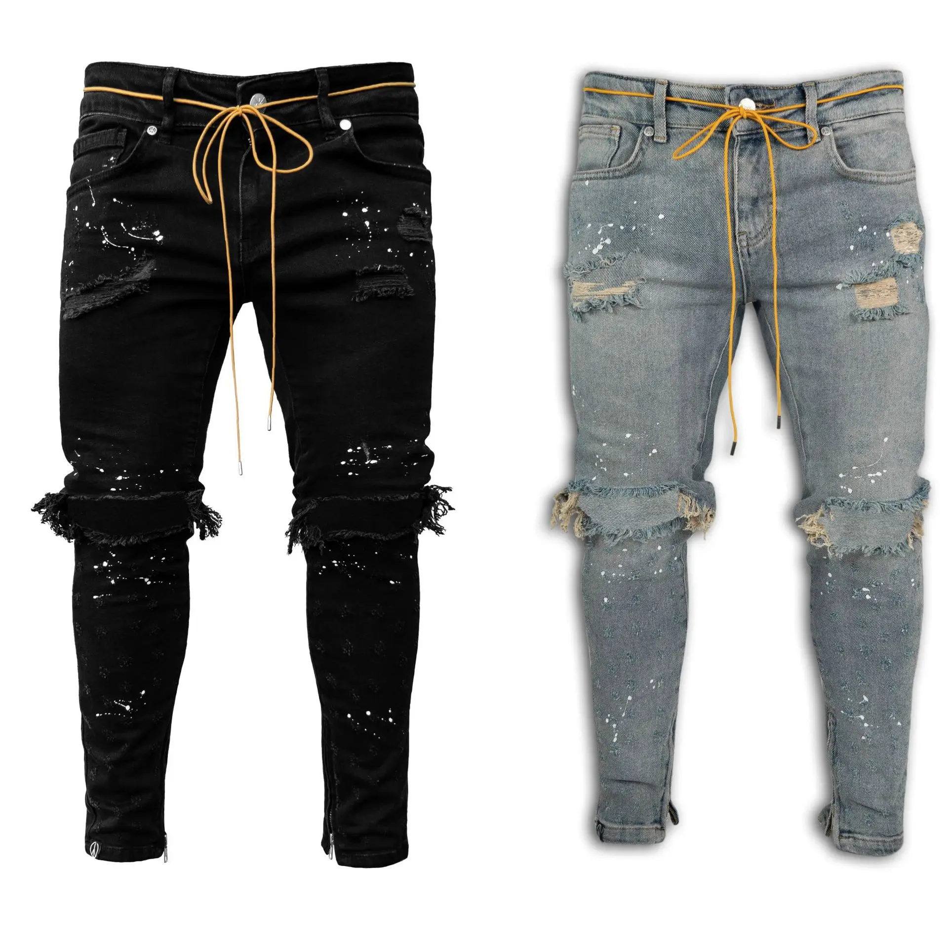 

New European and American Men's Slim Fit Perforated Feet Pants New Men's Paint Speckled Jeans ripped men jeans jeans for men