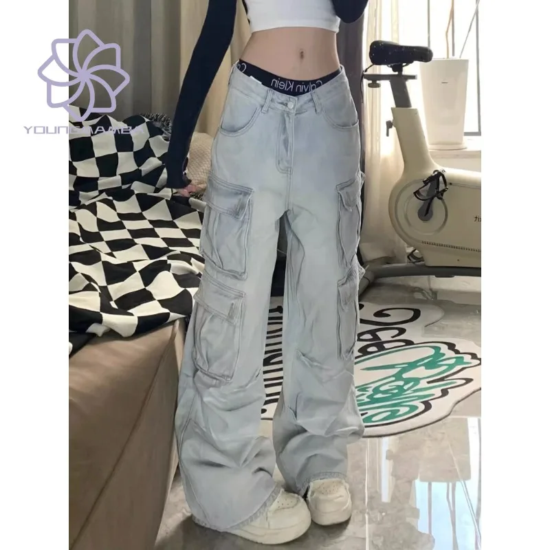 

Washed Vintage Oversized Jeans Multiple Pockets for Women Straight Tube Loose Mop Denim Cargo Pants Female Trousers
