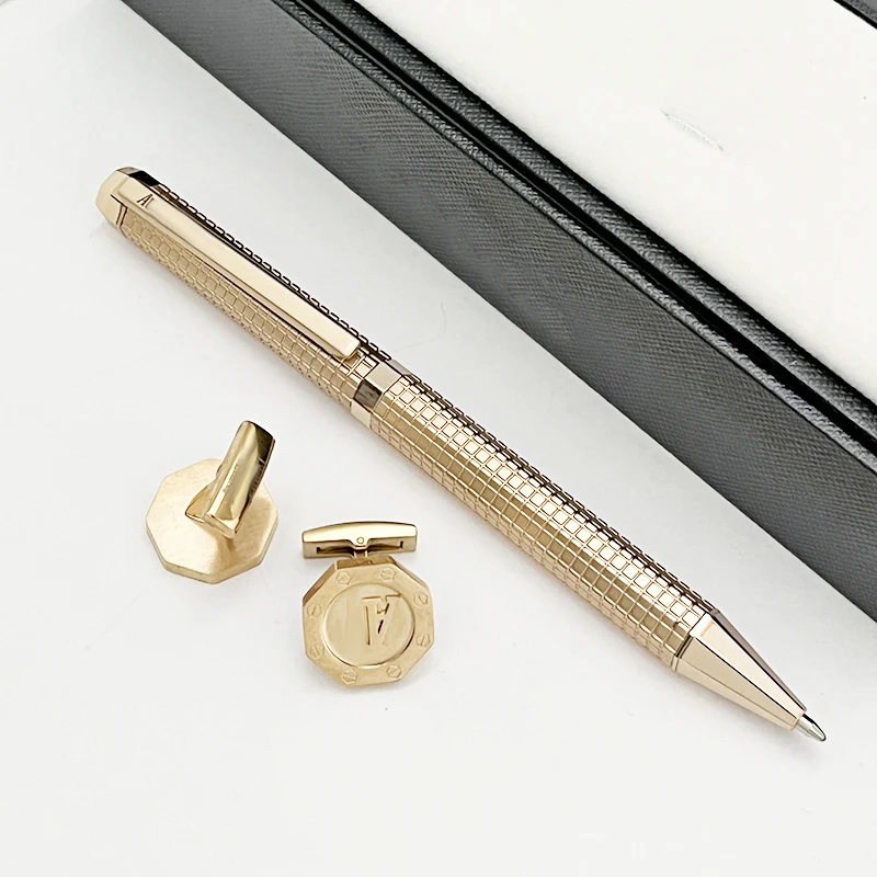 Luxury Brand AT Ballpoint Pen Octagonal Grid Metal Reliefs Barrel Stationery School Office Writing with Cufflinks As Gif