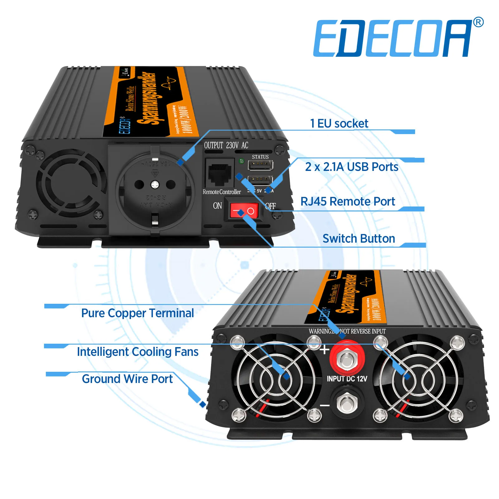 Edecoa-inversor onda pura 1000w, convertidor de corriente de 12V a 220V  CA,230V, 240V, sin conexión a la red, para coche, camión, autocaravana,  enchufe europeo, conversor 12v a 220v