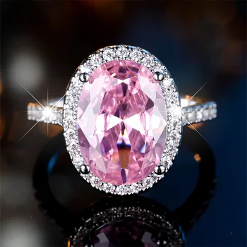Elegant Pink Crystal Big Oval Stone Rings For Women Vintage Silver Color Engagement Bands Wedding Jewelry Bridal Birthday Gifts