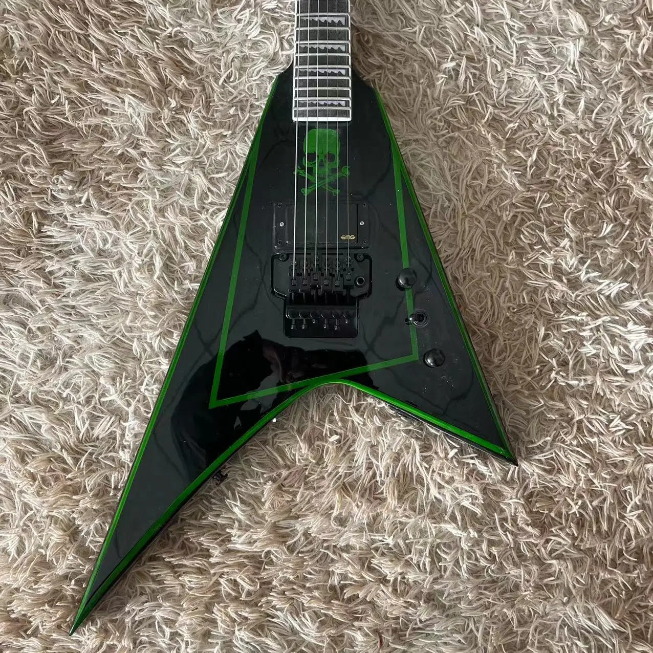 Irregular Vshaped Allinone Electric Guitar, Black Body, Green