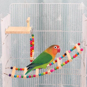 Natural Wood Parrot Ladder Toy Bird Perch Climber with Chewable Rungs Multi-Function Accessory for Small Birds Cage