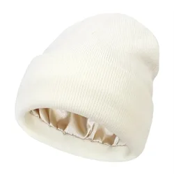 Unisex Satin-Lined Anti-Static Winter Beanie - Slouchy, Warm, and Stylish Hair Cover (White)