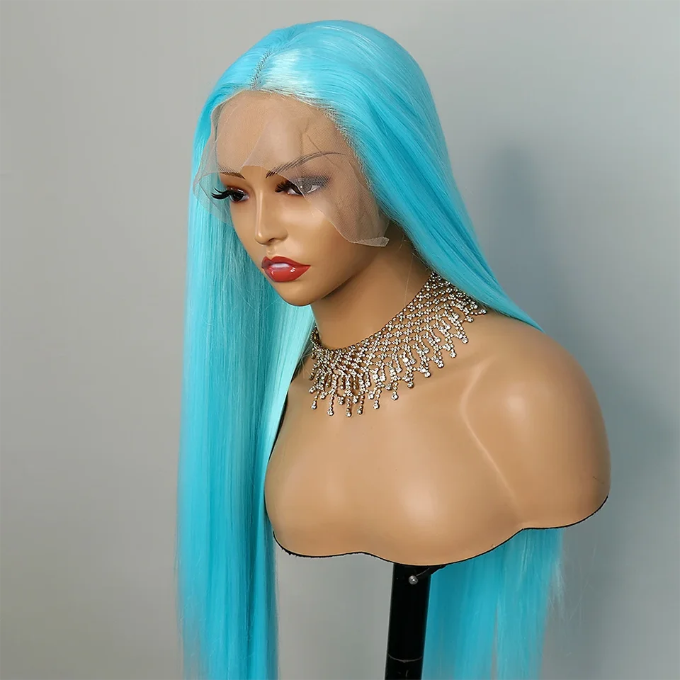 Sky Blue Synthetic Lace Front Wigs Ice Blue Color Silky Straight Hair Party Cosplay Daily Wear T Part Lace Wig