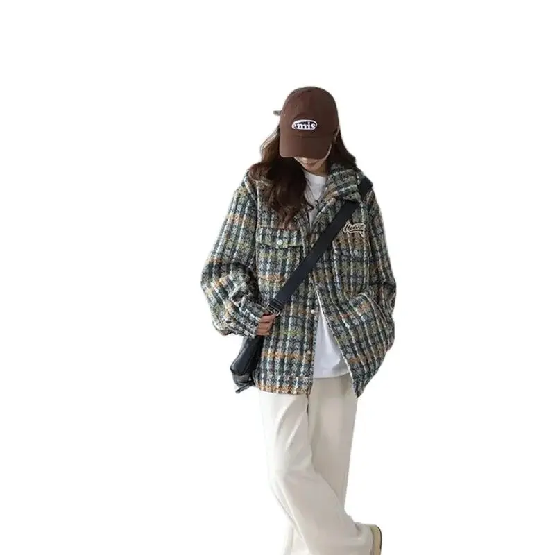 2023 Spring New Korean Version Loose Small Fragrant Coat Women INS Gentle Lazy Top High Grade Retro Plaid Jacket Commuter Button