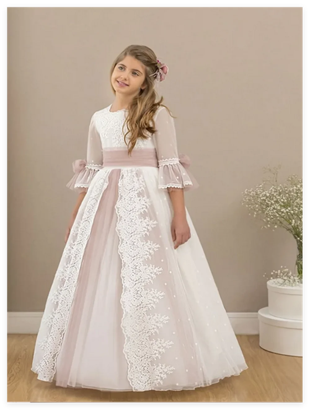 Pink Flower Girl Dresses Tulle Puffy Tiered Flory Pattern Long Sleeve For Wedding Birthday Party First Communion Gowns 2