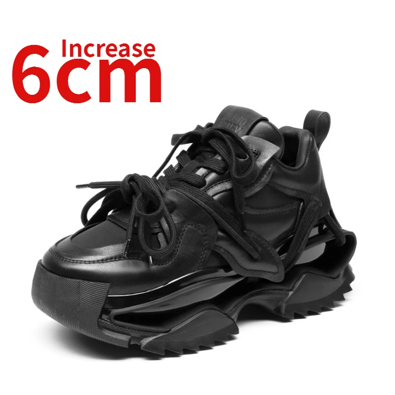 

Hot Selling New Dad's Shoes Women's 6cm Increased Genuine Leather Thick Sole Black Warrior Fashion Casual Sports Shoes for Women