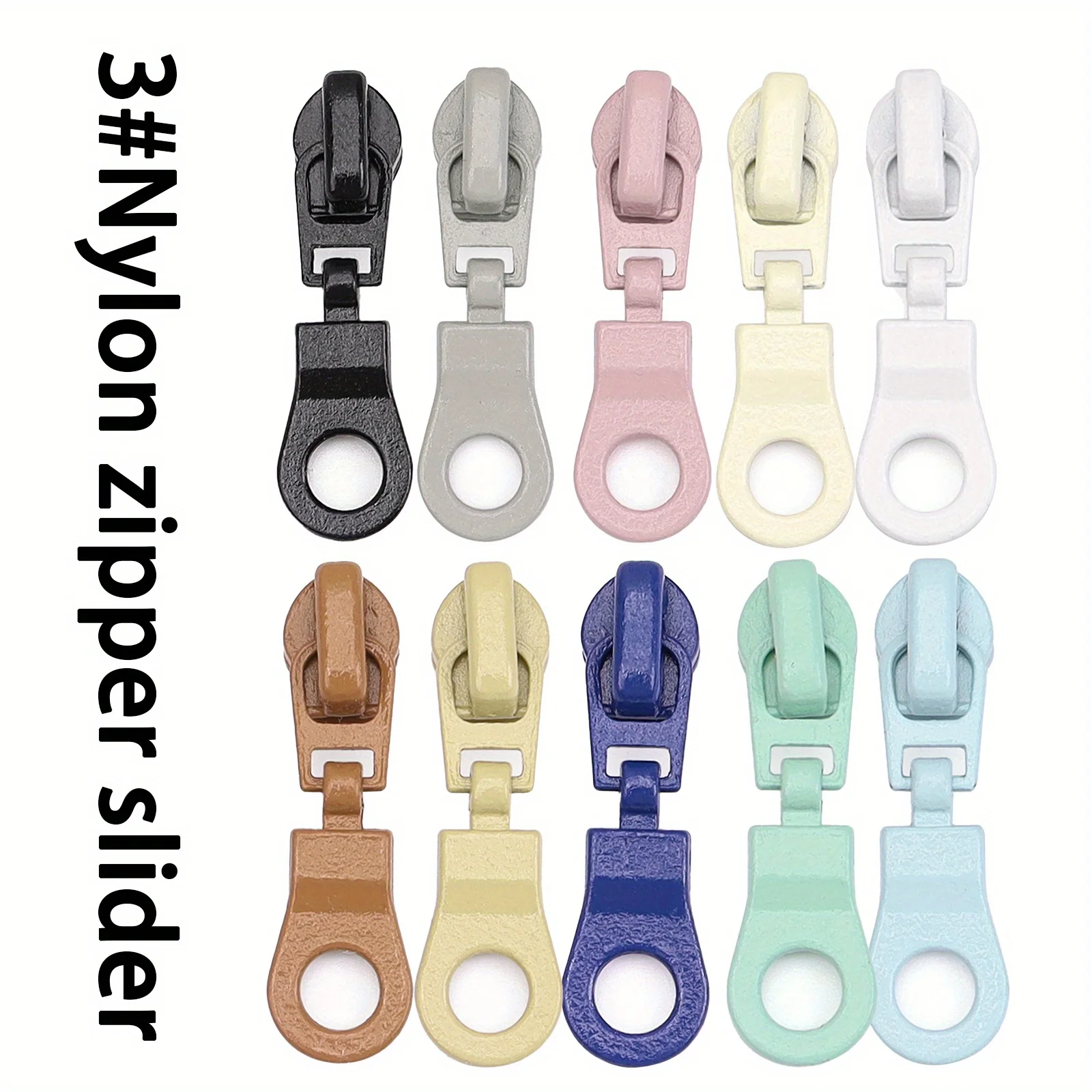 10Pcs, 3 #nylon zipper head, 10 colors, suitable for replacing the zipper head of No. 3 nylon