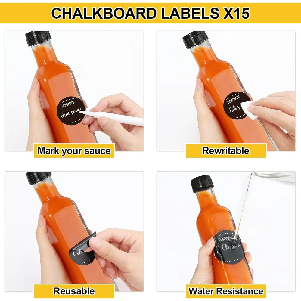 Mini Hot Sauce Bottles 5 oz, 24 Pack Glass Woozy with Shrink Capsules, Vanilla Extract Labels, Funnel, Dripper Inserts,Pepper 2