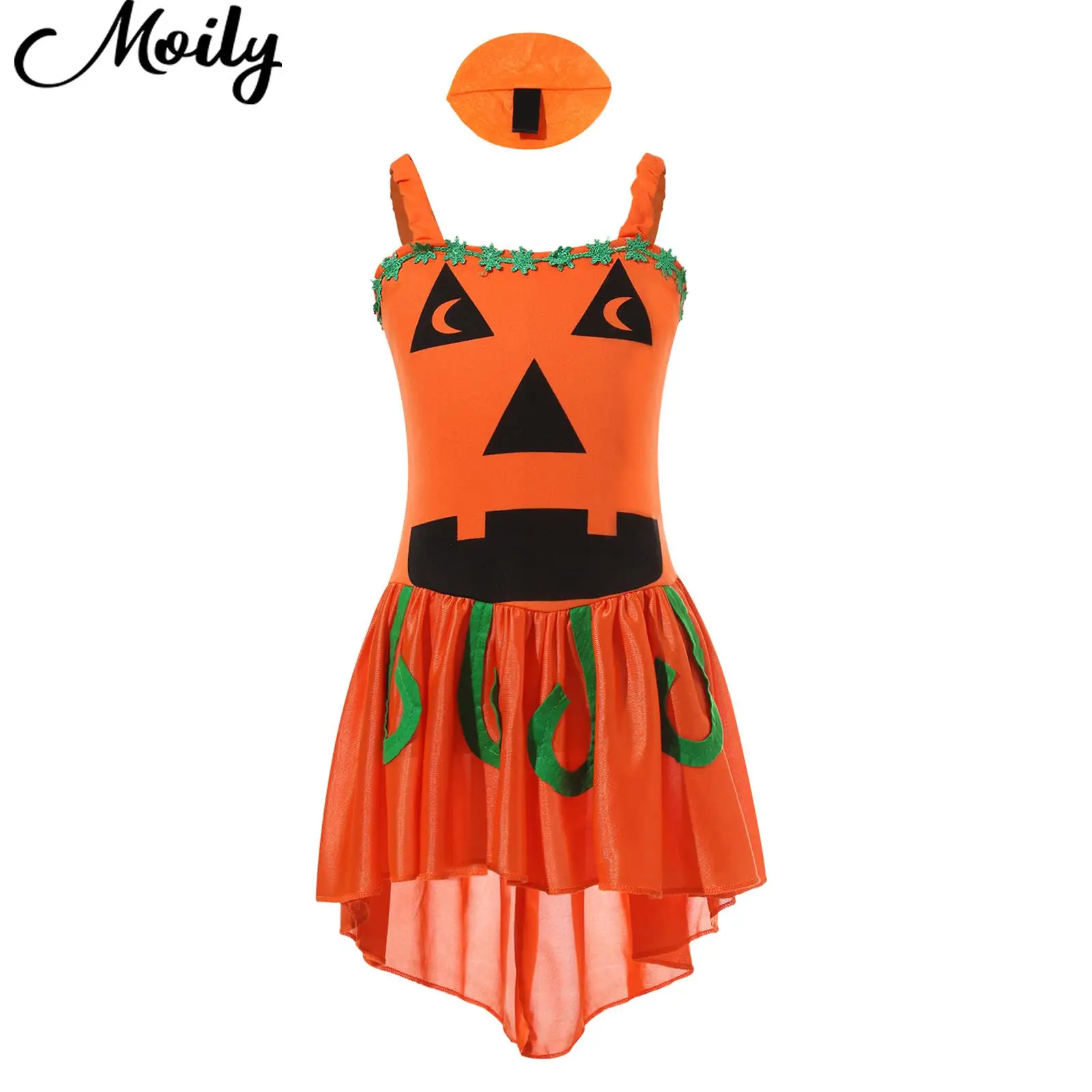 

Kids Girls Halloween Dress Up Costume Pumpkin Witch Costume Sleeveless Sketch Specter Print Pumpkin Dress with Hairpin Headwear