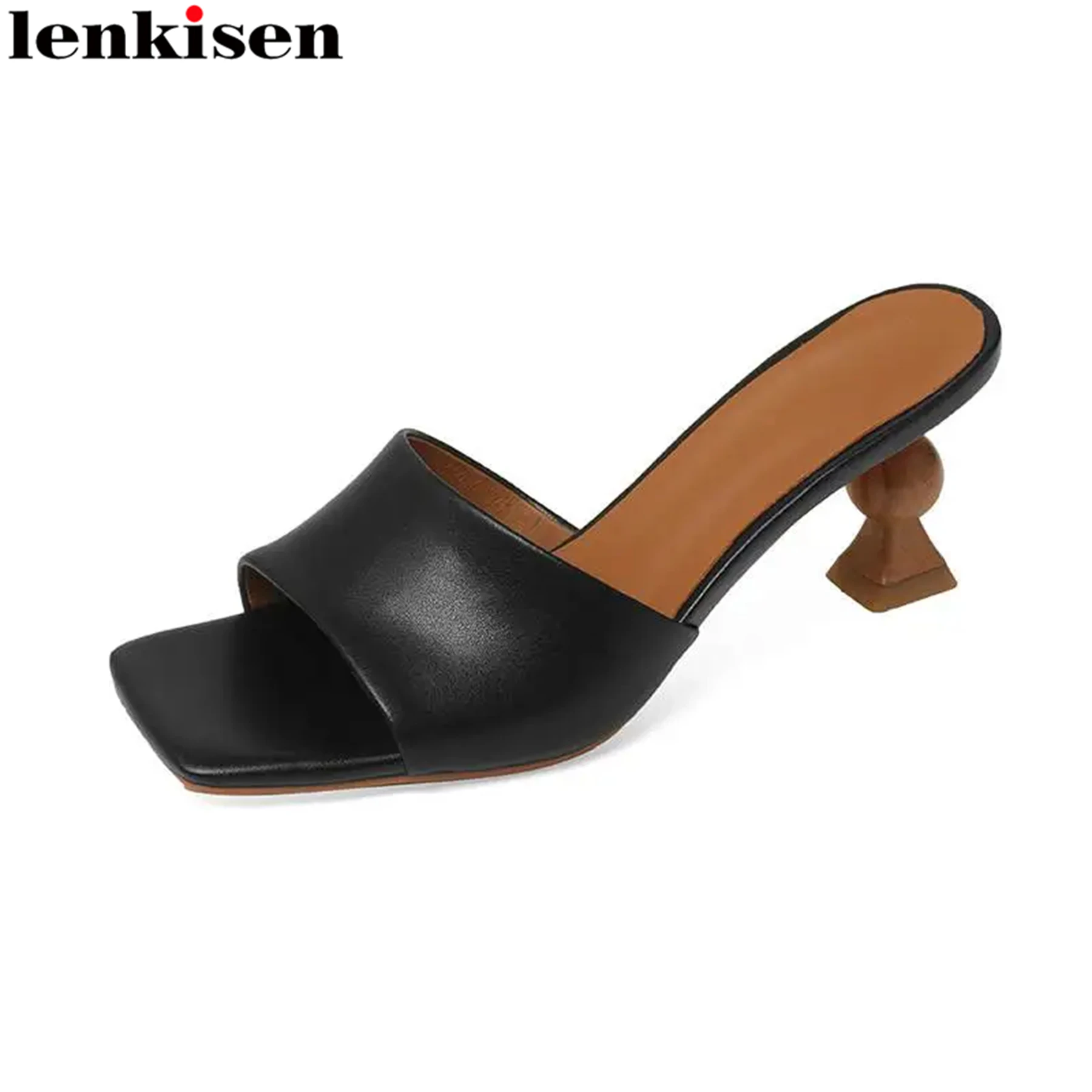 

Мюли Lenkisen из коровьей кожи, без застежки, с открытым носком, летние офисные женские лаконичные сексуальные туфли на каблуках странного стиля, женские сандалии