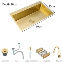

Brushed Gold Kitchen Sink Stainless Steel Single Bowl Golden Basket Drainer Soap Dispenser Washing Basin Above Counter