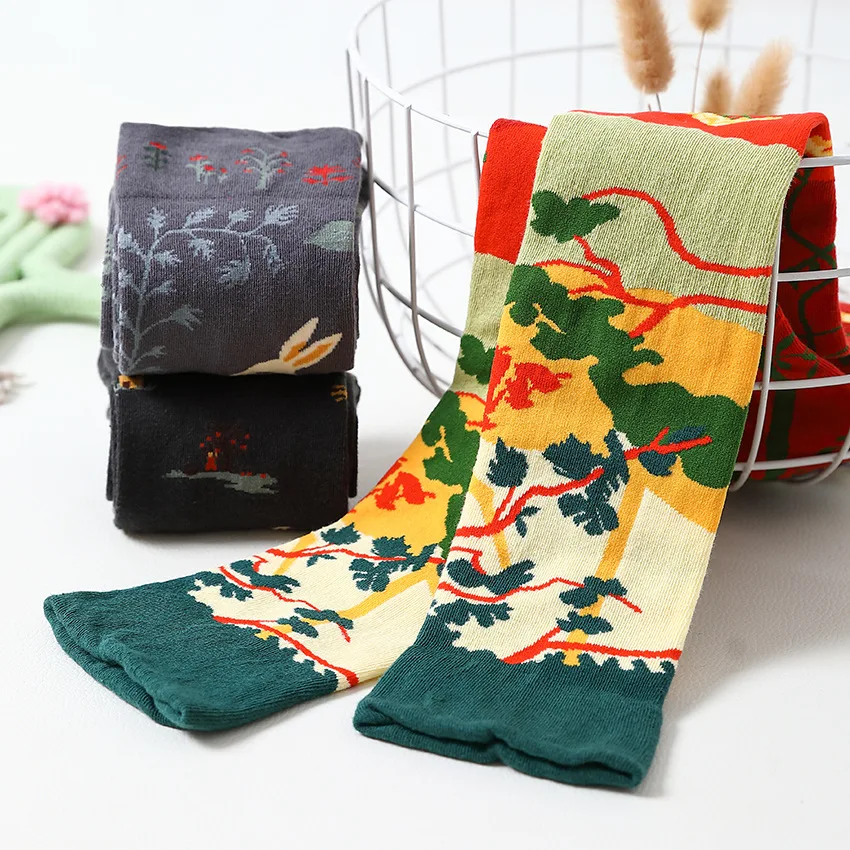 1 pair Oil Painting Long Socks Retro Art Spring Summer Comfortable Breathable Thin Calf Artsy cotton socks Stockings Women