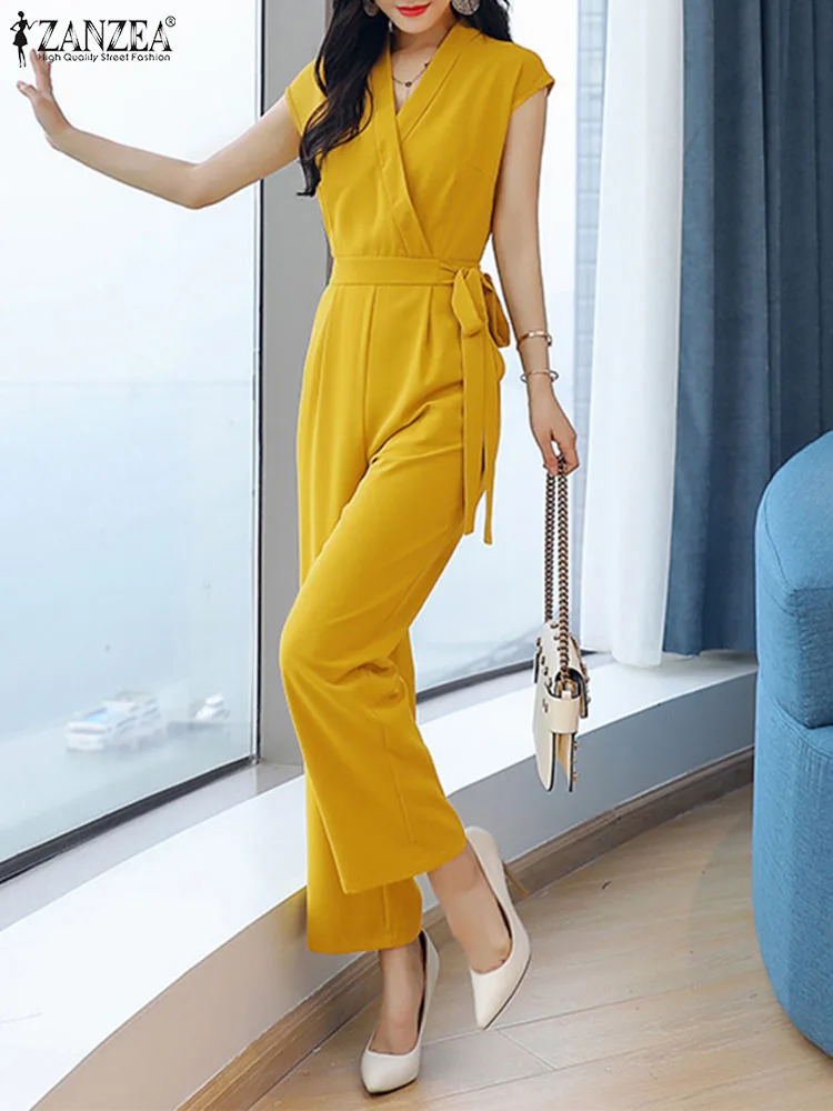 

Женский Длинный комбинезон для офиса ZANZEA, летний повседневный комбинезон с V-образным вырезом и широкими штанинами, 2023