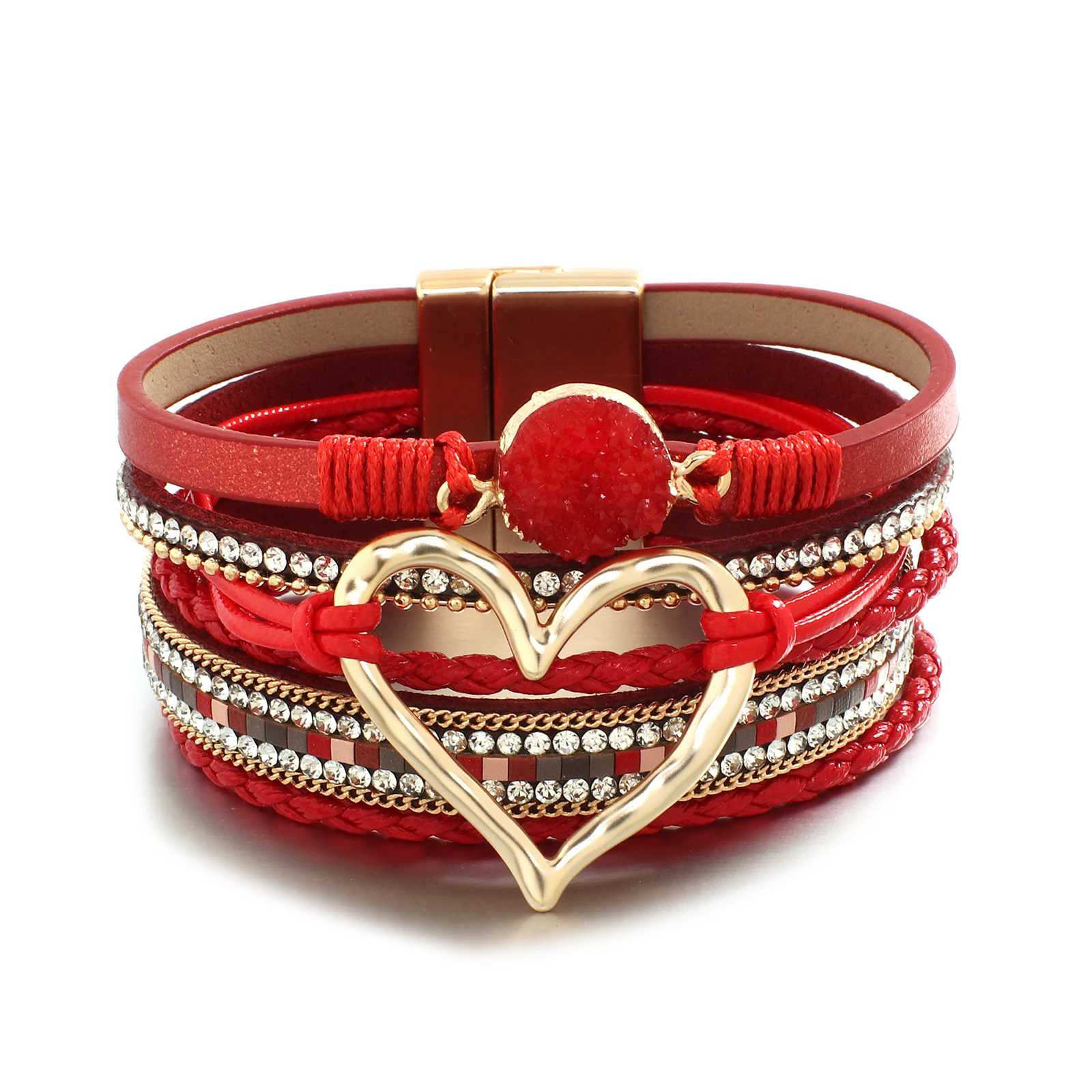Metal Love Heart Charm Leather Bracelets bangle bracelet,leather bracelets,leather bracelet For Women Fashion Rhinestone Braided Wrap Bangle Female Jewelry
