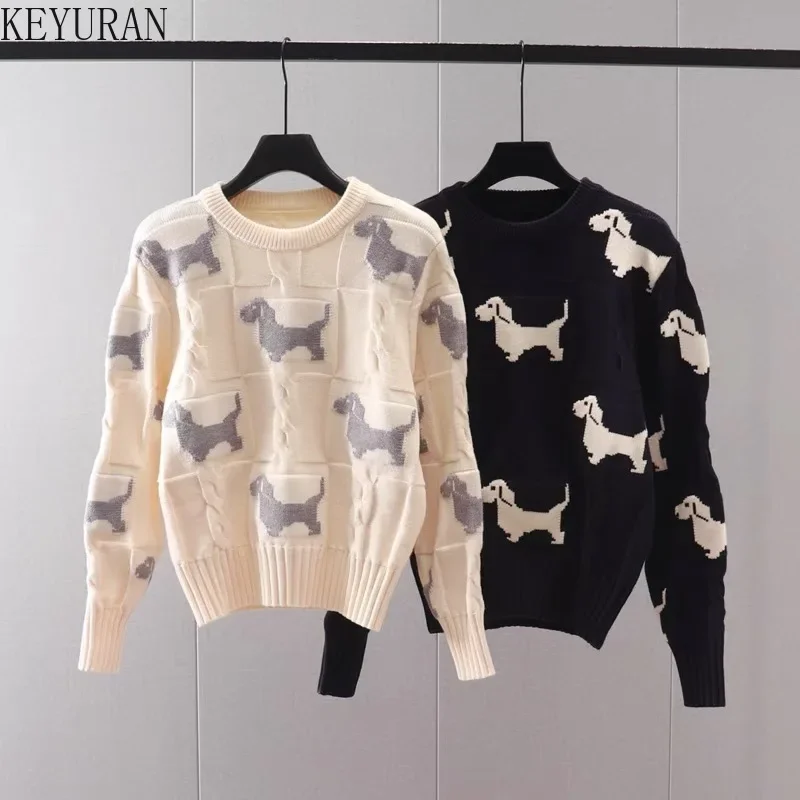 

2023 Autumn Winter Dog Jacquard Pullover Sweater Women's Casual O-Neck Long Sleeve Versatile Slim Knitted Tops Pull Femme Jumper