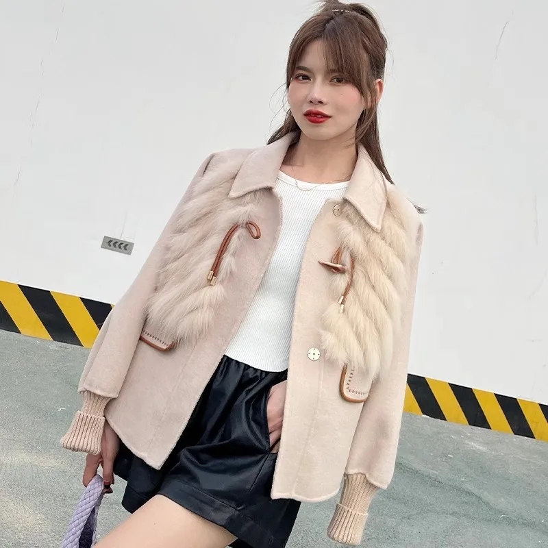 

2023 Woolen Horn Button Winter Women Jacket Real Natural Fox Fur Knitted Cardigan Cashmere Wool Blends Fashion Outerwear